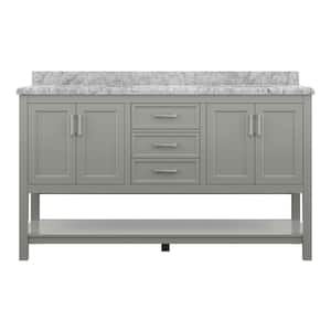 Everett 61 in. W x 22 in. Vanity Cabinet in Grey with Carrara Marble Vanity Top in White with White Basins