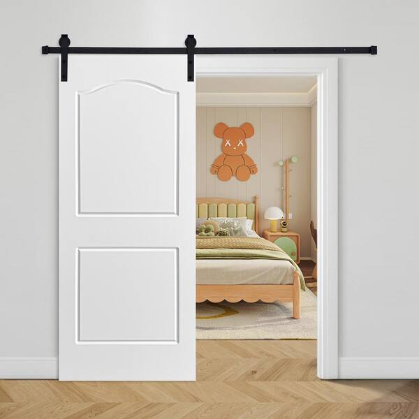 Modern TWO PANEL ARCHTOP Designed 84 in. x 36 in. MDF Panel White Painted  Sliding Barn Door with Hardware Kit