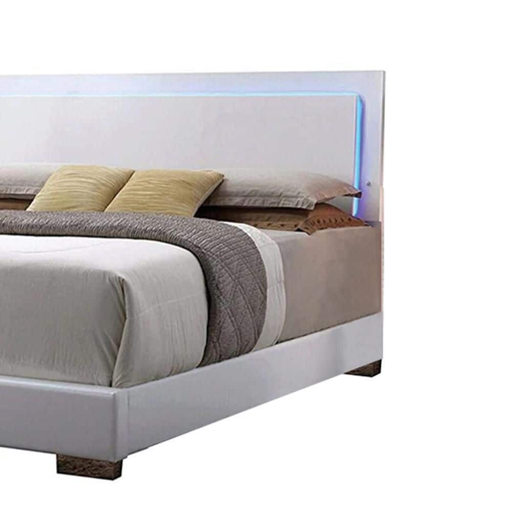 Lorimar High Gloss White Queen Bed with LED Headboard and Faux Leather