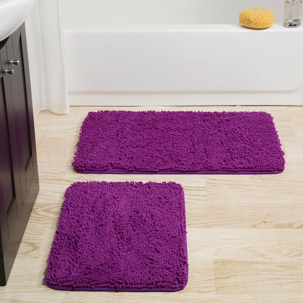 2-Piece Memory Foam Shag Bath Mat Set in Purple