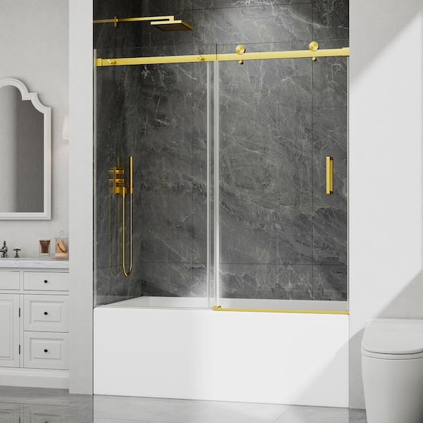 55-60 in. W x 60 in. H Frameless Sliding Tub Door in Brushed Gold with Clear Glass