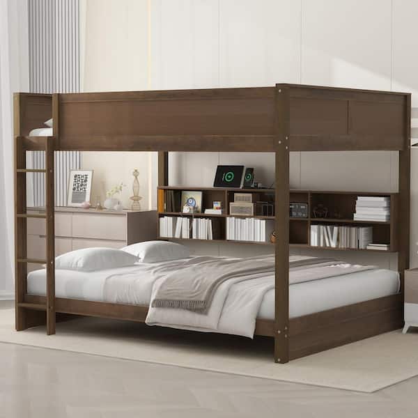 Antique Brown Queen over Queen Bunk Bed with USB Ports and Storage Cabinets