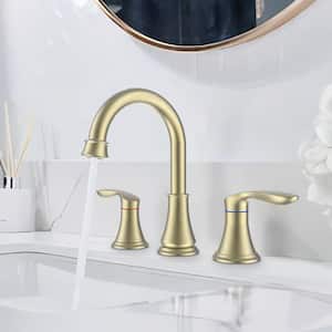 Modern 8 in. Widespread Double-Handle 360 Degree Swivel Spout Bathroom Faucet with Drain Kit Included in Brushed Gold