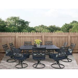 Montclair 11-Piece Steel Outdoor Dining Set with Navy Blue Cushions, 10 Swivel Rockers and 60 in. x 84 in. Table