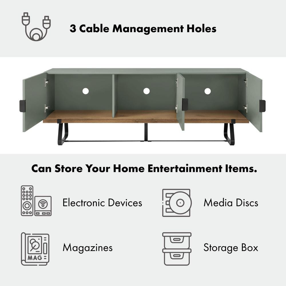 Sage Green and Distressed Oak Modern TV Stand with Cabinet