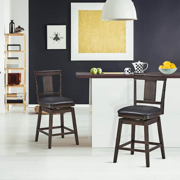 29 in. H Brown Height Back Wood Frame Counter Height Swivel Bar Stool with Leather Seat (Set of 2)
