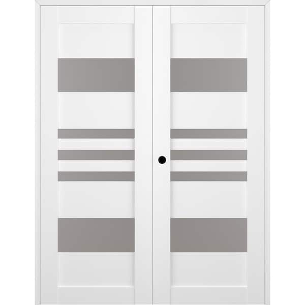 Leti 48 in. x 96 in. Right Hand Active 5-Lite Frosted Glass Bianco Noble Wood Composite Double Prehung Interior Door