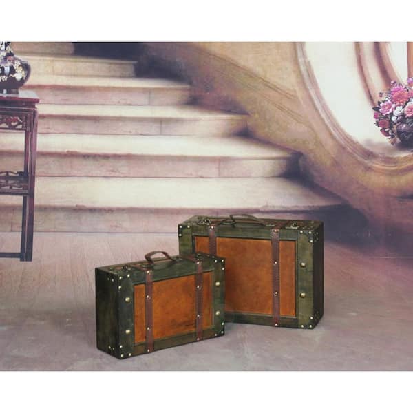Wooden Vintage Luggage Trunks - Antique Carry on Suitcase Storage Box with Hinged Lids, Brown