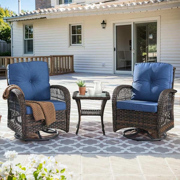 3-Piece Openwork Weaving Wicker Patio Conversation Swivel Rocking Chairs Set with Cushions and Coffee Table