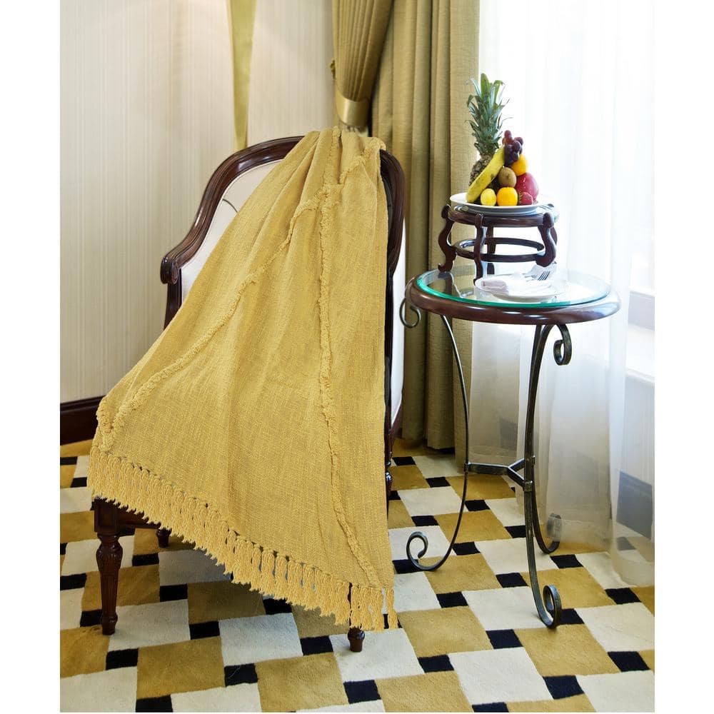 Bohemian Diamond Tufted Cotton Throw Blanket, Yellow, 50" x 60"