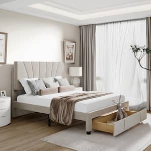 82 in.W Beige Queen Size Platform Bed with Drawer for Bedroom, Velvet Upholstered Storage Bed Frame for Living Room
