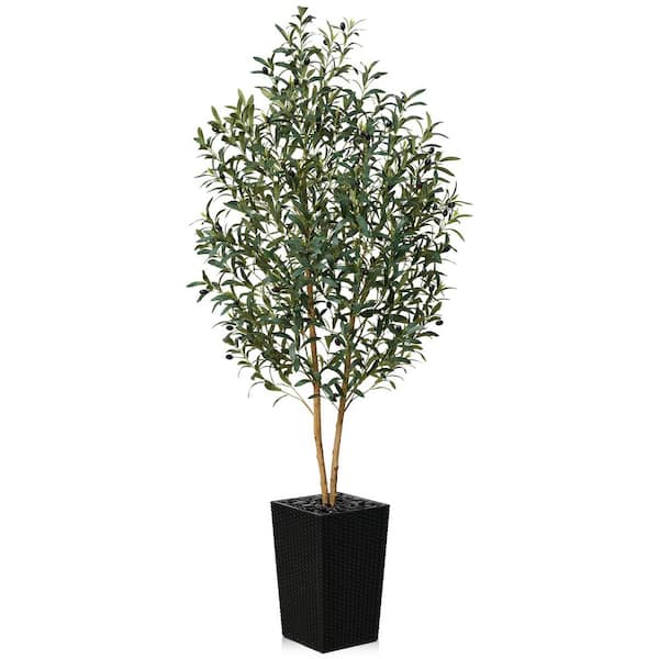 6 ft. Artificial Olive Tree Indoor/Outdoor Black Planter,Real Wood Trunk,Faux Plants for Home Office Living Room Decor