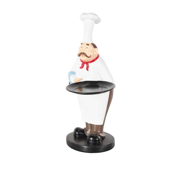Litton Lane White 10 in. x 16 in. Polystone Kitchen Decorative Figurine Chef Sculpture with Black Tray