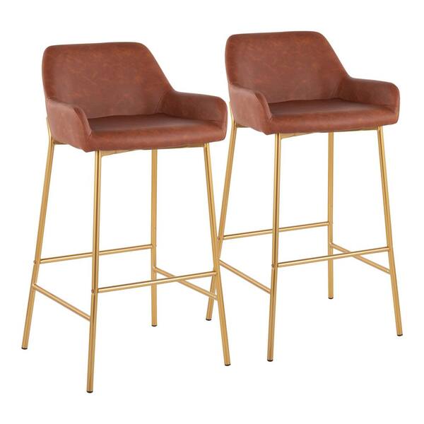 Lumisource Daniella 30 in. Fixed-Height Camel Faux Leather and Gold Metal Bar Stool (Set of 2)