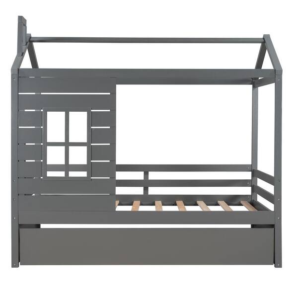 Wood Gray Twin Size House Bed with Trundle