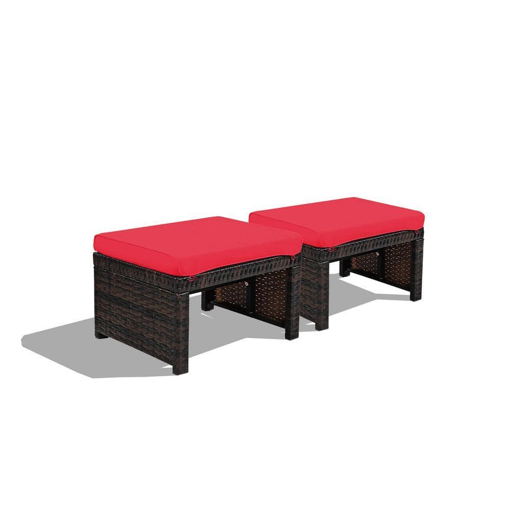 Mix Brown Frame Wicker Outdoor Ottomans with Red Cushions (2-Pack)