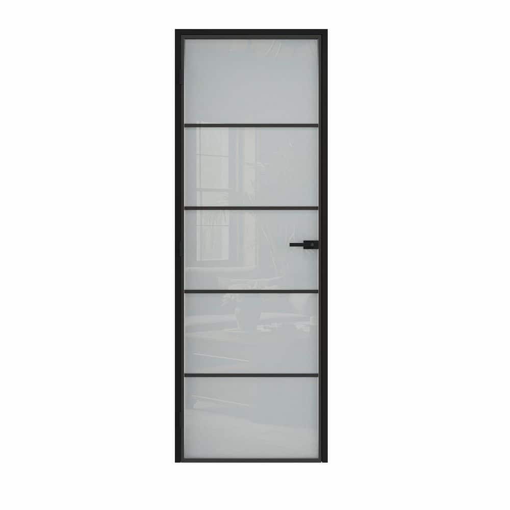 32 in. x 80 in. 5-Lite Frosted Glass Left Black Finished Aluminum Single Prehung Interior Door+ Split Jamb & Lockset price history on PriceWatchPro