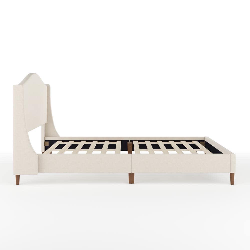 Amelia Queen Beige Linen Upholstered Platform Bed with Walnut Legs