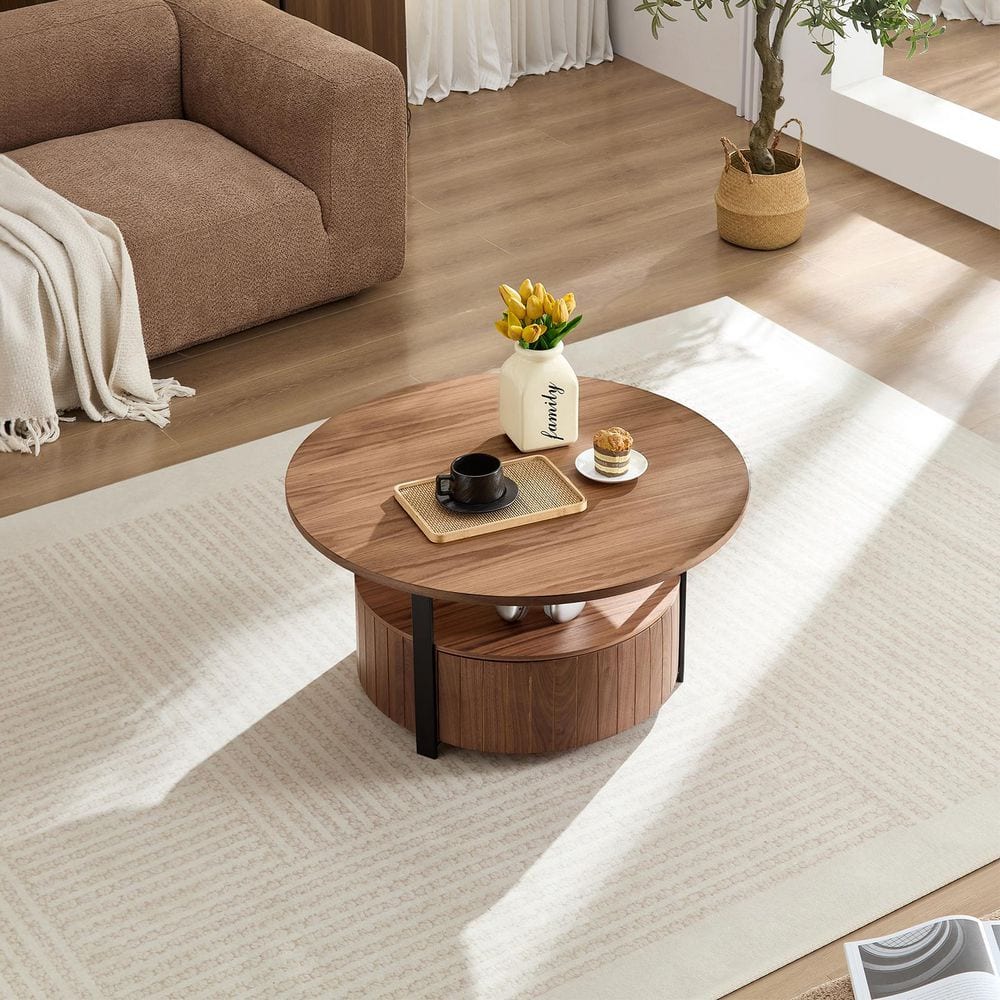 33.07 in. Walnut Round MDF Wood Coffee Table with Drawer for Living Room Decor
