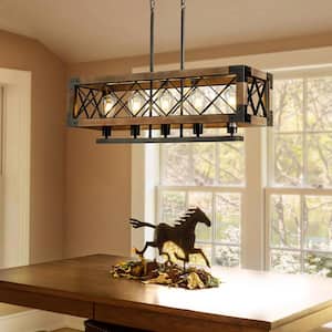 5-Light Farmhouse Matte Black Square Kitchen Island Chandelier with Solid Wood Accent