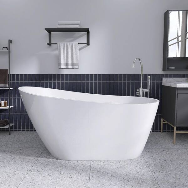 Zeafive Dazf 63 in. x 31.5 in. Acrylic Soaking Tub Flatbottom Free Standing Bathtub Chrome Anti-Clogging Drain in Glossy White