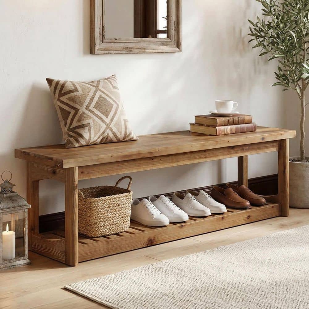 63 in. Brown Solid Wood Long Entryway Dining Bench, Bedroom Bench with Shelf for Dining Room, Hallway