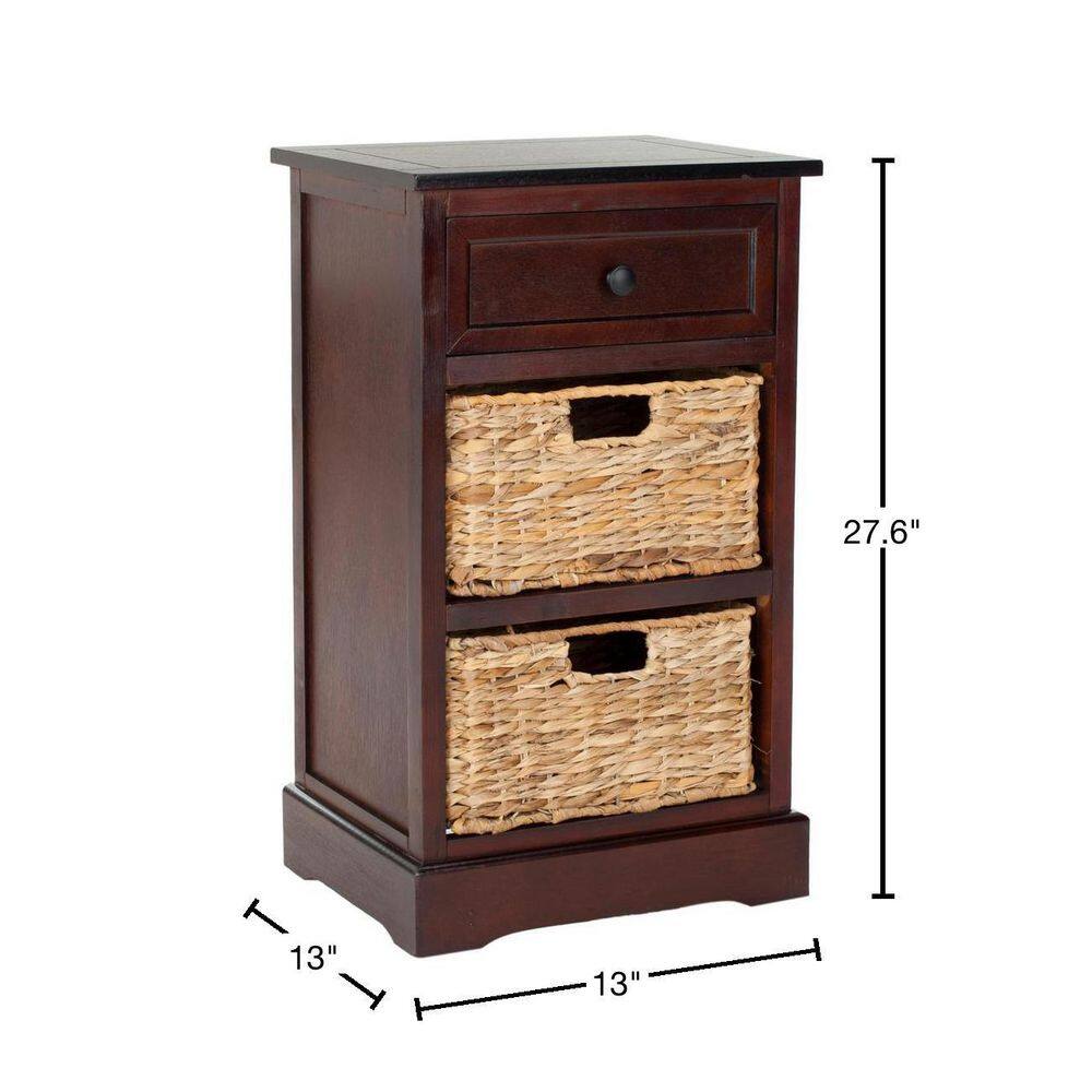 Dark Cherry Pine Side Table with Wicker Baskets