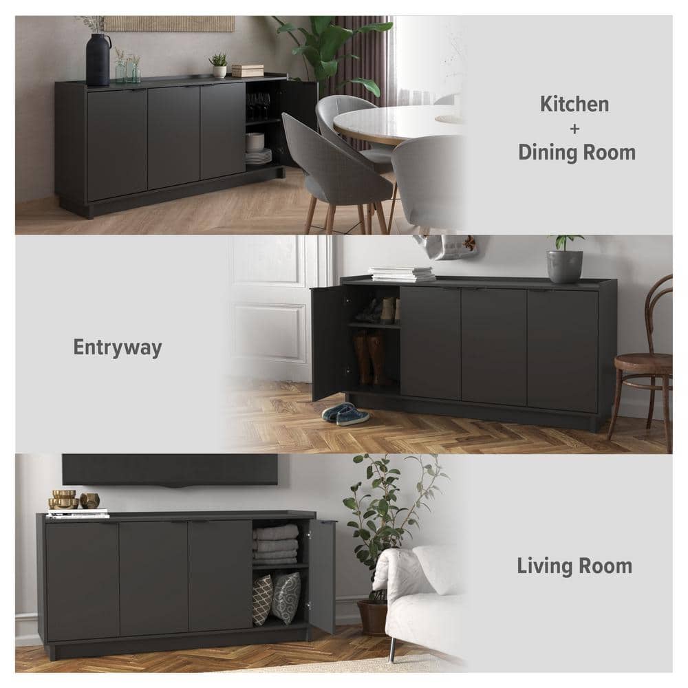 Prepac Black 4-Door Console Table with Adjustable Shelving