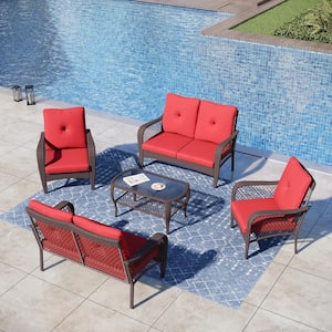 Black 5-Pieces Metal Patio Conversation Sectional Seating Set with CushionGuard Red Cushions