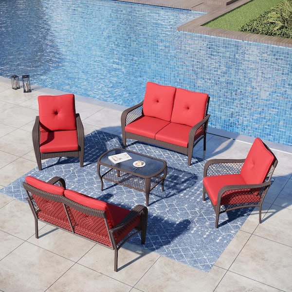 PHI VILLA Black 5-Pieces Metal Patio Conversation Sectional Seating Set with CushionGuard Red Cushions