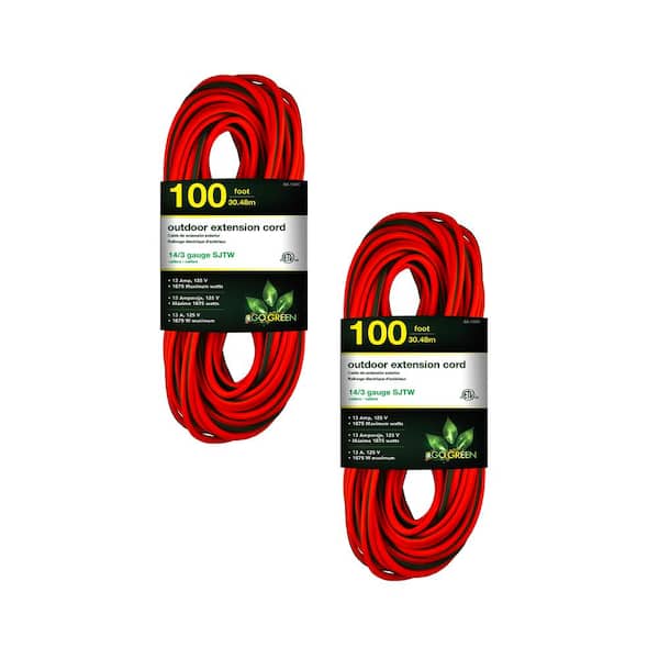 GoGreen Power 100 ft. 14/3 SJTW Outdoor Extension Cord - Orange with Green Lighted End (2-Pack)