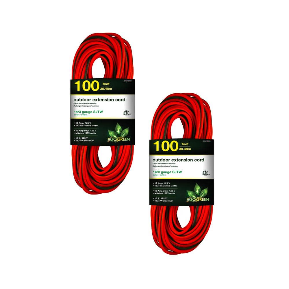 GoGreen Power 100 ft. 14/3 SJTW Outdoor Extension Cord Orange with Green Lighted  End (2-Pack) GG-13800-2 The Home Depot
