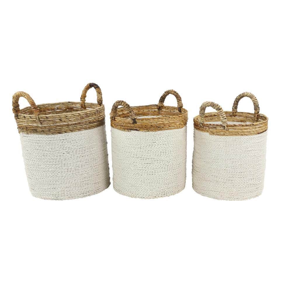 Handwoven White and Natural Seagrass Round Storage Baskets, Set of 3