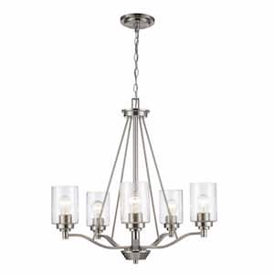 Simi 5-Light Brushed Nickel Modern Kitchen or Dining room Hanging Chandelier with Seeded Glass Shades