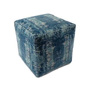 Kian Teal/Ivory Polyester Acrylic 18 in.  x 18 in.  Cube Transitional Distressed Medallion Ultra-Soft Pouf