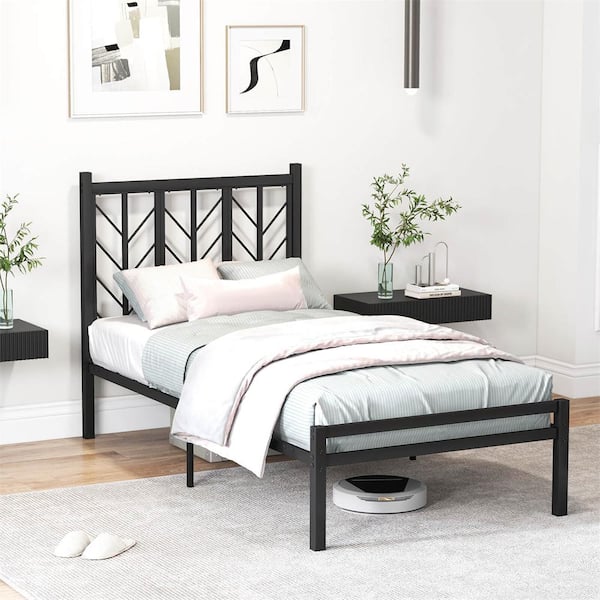 Black Metal Frame Twin Platform Bed with Headboard 11.5 in. Under Bed Storage Easy Assembly