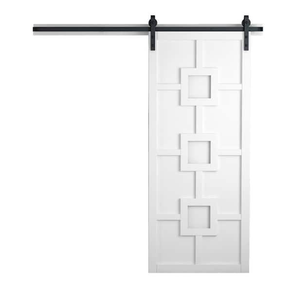 VeryCustom 30 in. x 84 in. The Mod Squad Bright White Wood Sliding Barn Door with Hardware Kit in Black
