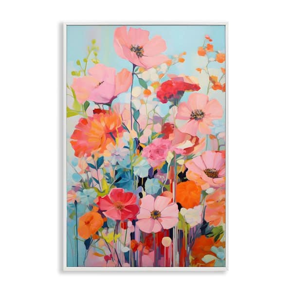 Stupell Industries Abstract Flowers on Blue by LSR Design Studio White Framed Nature Giclee Art Print 24 in. x 16 in.