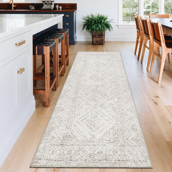 Off-White 2 ft. x 8 ft. Washable Vintage Distressed Bohemian Style Polyester Area Rug
