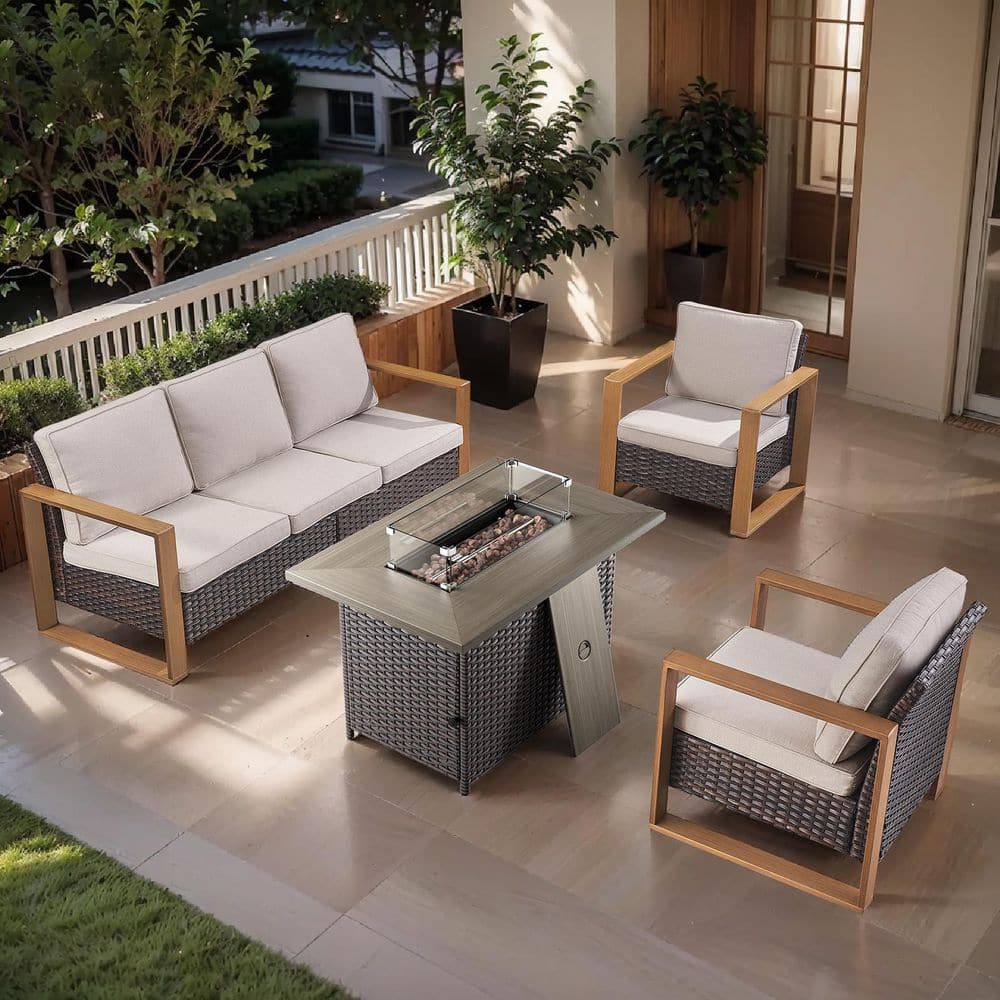 Cube Edge 4-Piece Brown Wicker Fire Pit Conversation Set with Olefin Beige Cushions and Couch/ Patio Lounge Chairs