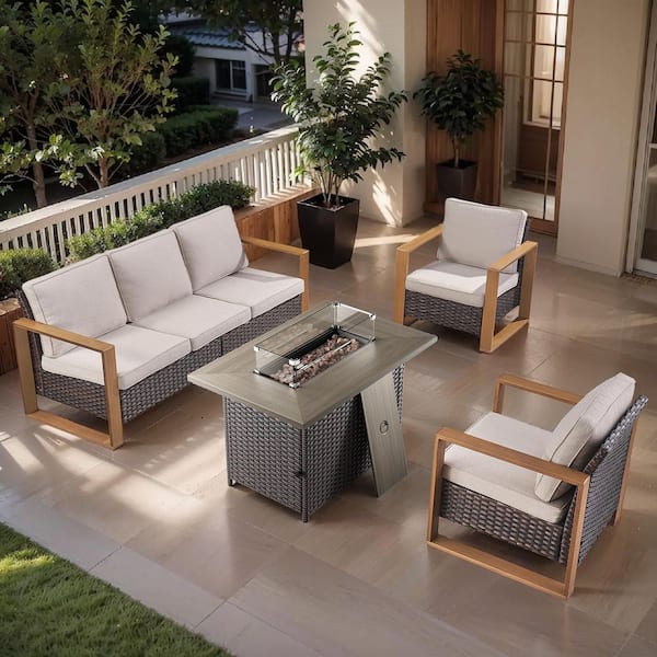 Cube Edge 4-Piece Brown Wicker Fire Pit Conversation Set with Olefin Beige Cushions and Couch/ Patio Lounge Chairs