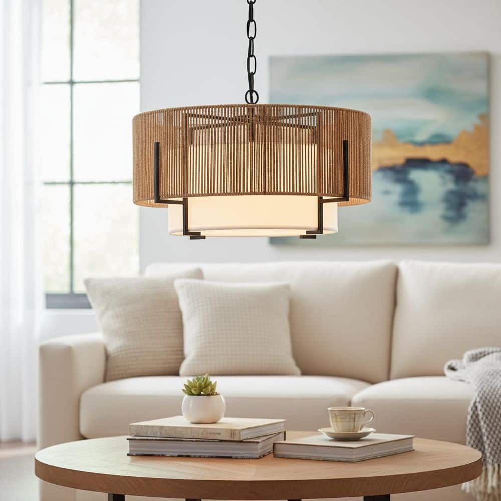 キッチン家電 yamay0chan.1023 YANSUN 20 in. 4-Light Black and Brown Rattan Chandelier Boho