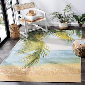Barbados Gold/Blue 5 ft. x 5 ft. Square Seashore Palm Leaf Indoor/Outdoor Area Rug