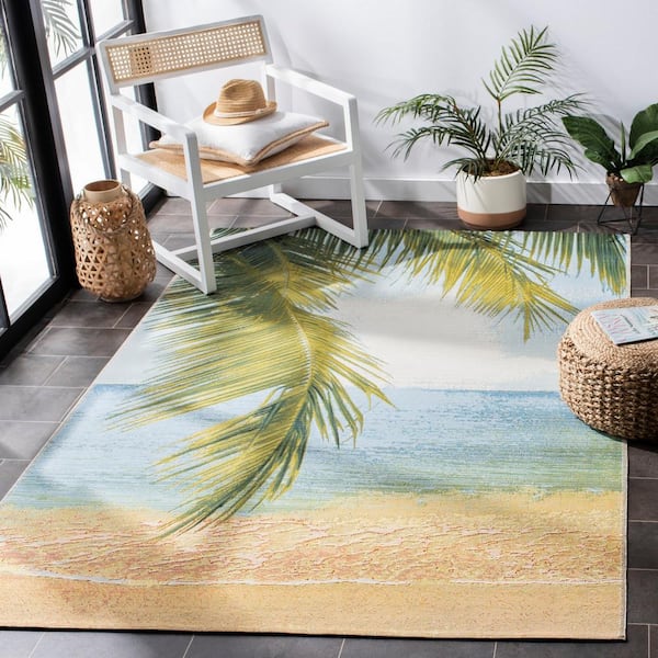 Barbados Gold/Blue 5 ft. x 5 ft. Square Seashore Palm Leaf Indoor/Outdoor Area Rug