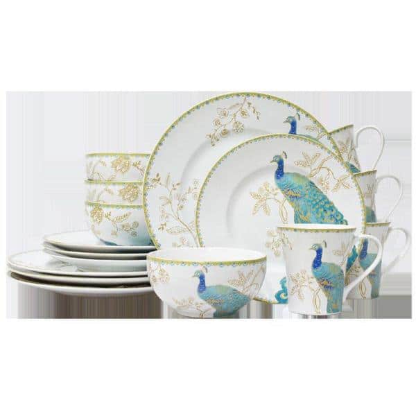 Peacock Garden White Porcelain 16-Piece Dinnerware Set with Gold Accents