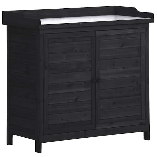 Unbranded 39 in. Outdoor Potting Bench Table Garden Rustic Storage Cabinet with 2-Tier Shelves and Side Hook, Black