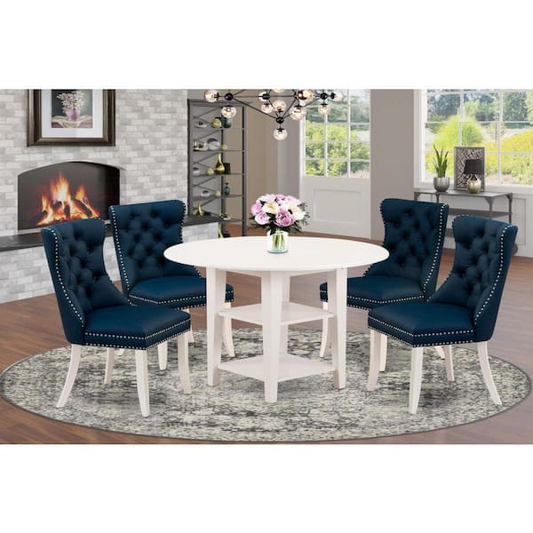 East West Furniture 5-Piece Linen White Finish Solid Wood Top - Round Dining Room Set with Dropleaf - Seats 4