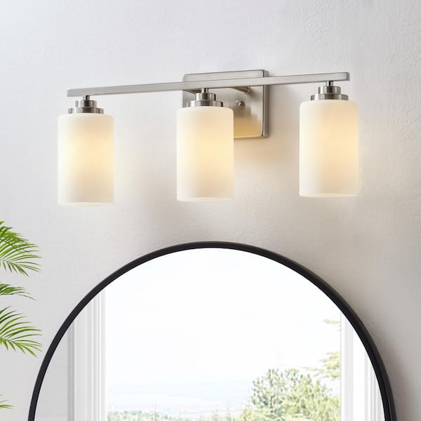 22 in. 3-Light Brushed Nickel Vanity Light with Frosted White Glass Shade
