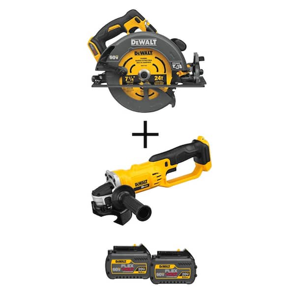 FLEXVOLT 60-V MAX 7-1/4 in. Cordless Circular Saw (Tool-Only) w/Bare 20V 4-1/2 to 5 in. Grinder & FLEXVOLT Battery(2-Pk)