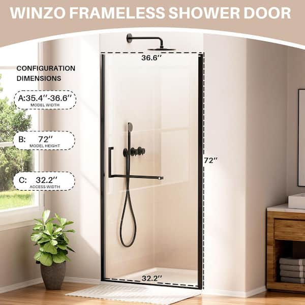 Yunᒼᑋªⁿ✿ Yingze 36 in. W x 72 in. H Pivot Frameless Shower Door in Matte